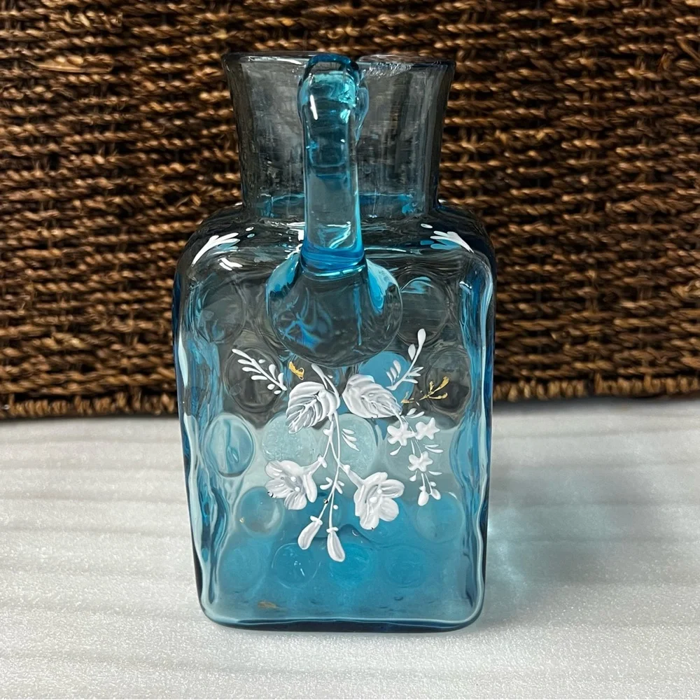 Vintage Victorian Blue Art Glass Enameled Hand-Painted Pitcher